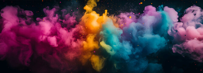 Abstract image of bright colorful smoke symbolizing gulal against black background rich shades of pink yellow purple green blue