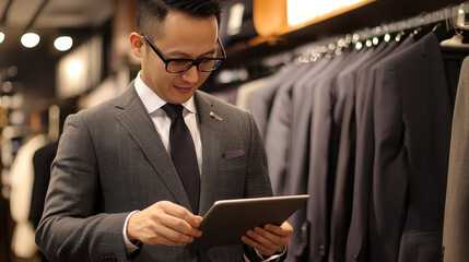 Clothing Store: Male Visual Merchandising Professional Uses Tablet Computer To Create Collection. Fashionable Shop Sales Retail Manager Checks Stock. Small Business Owner Orders Stylish Items