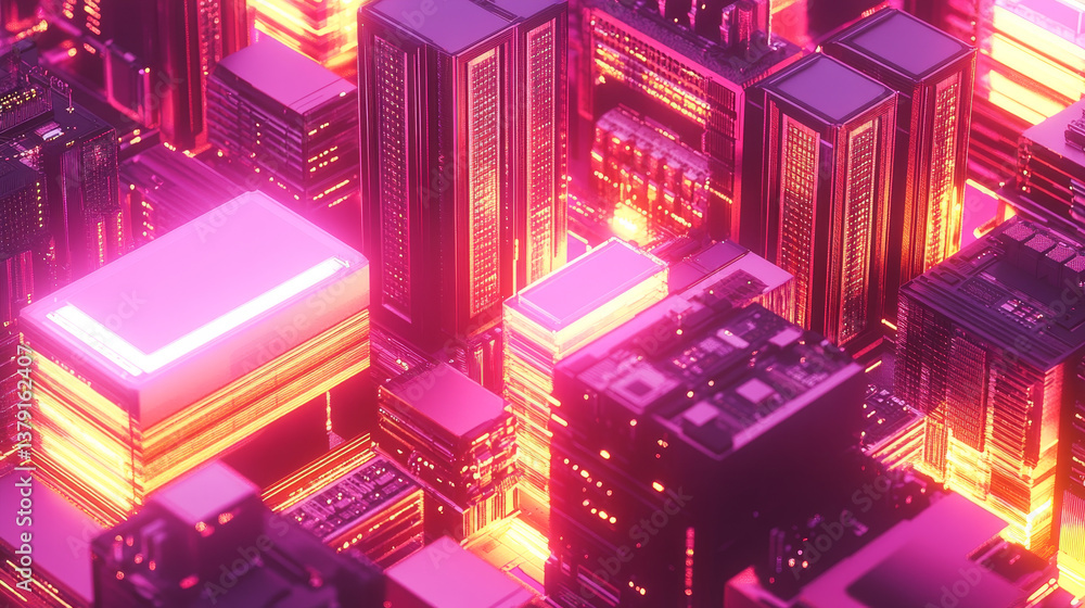 Poster shot of dark data center with multiple rows of fully operational server racks. modern telecommunicat