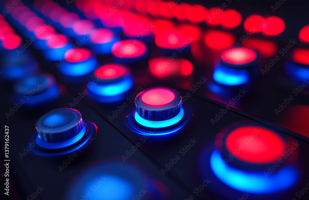 Poster illuminated keyboard buttons red and blue gaming pc computer peripheral technology closeup macro pho