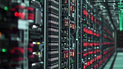 Naklejka premium Shot of Modern Data Center With Multiple Rows of Fully Operational Server Racks. Modern High-Tech Telecommunications Database Super Computer in a Room.