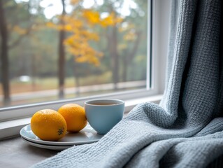 Cozy indoor scene with yellow oranges and a cup of tea on a plate near a window with autumn view