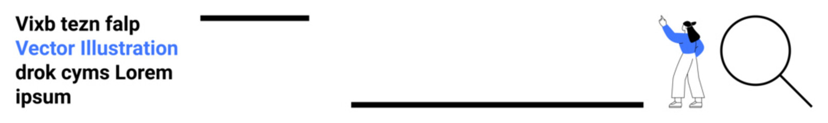 Person pointing at large magnifying glass beside text. Ideal for analysis, focus, research, investigation, problem solving, detail, simple landing page