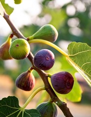 Sunlit fig branch displaying ripe fruits ranging from verdant green to deep purple, surrounded by leaves, with soft focus orchard background