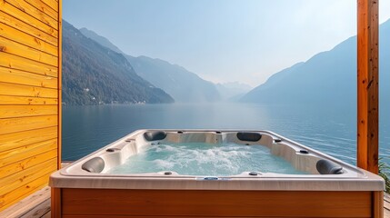 Digital Detox Retreats, A serene hot tub overlooks a tranquil lake, surrounded by mountains and clear skies, offering a perfect spot for relaxation and leisure.