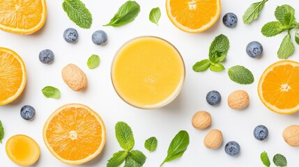 Bright smoothie surrounded by oranges, blueberries, mint leaves, and nuts on a clean white background.