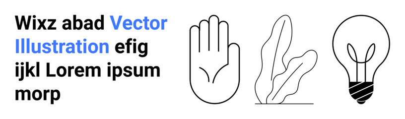 Fototapeta premium Hand outline, abstract plant shapes, and a stylized lightbulb icon beside placeholder lorem ipsum text. Ideal for minimalism, branding, eco design, innovation, education, creativity simple landing