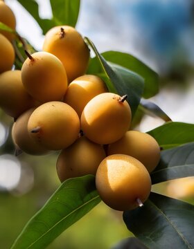 Cocoplum fruits ripening, sunlight filtering through verdant leaves, highlighting tropical fruit cluster with warm, soft glow