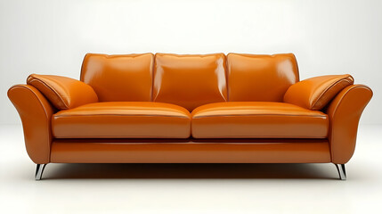 Fototapeta premium Elegant Orange Leather Sofa with Chrome Legs and Shiny Surface in White Background Furniture for Modern Living Room and Interior Design