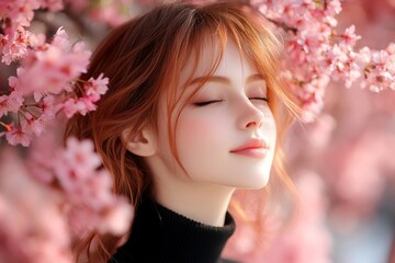Fototapeta premium Spring mood, dark night and warm mystic light - complementary lighting. Commercial advertising creative. Pretty caucasian young woman surrounded by cherry blossoms. Bright woman in floral park.