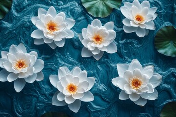 Overhead view of white lotus flowers scattered across blue pond surface