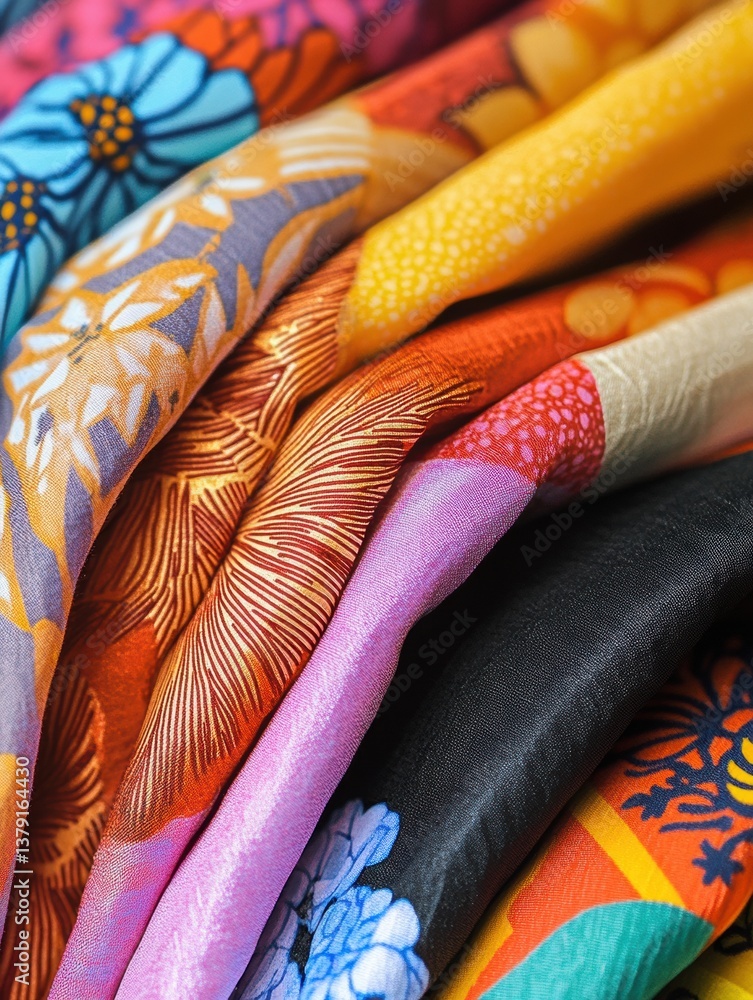 Poster macro shot capturing vibrant floral and geometric fabric patterns with rich colors and intricate tex