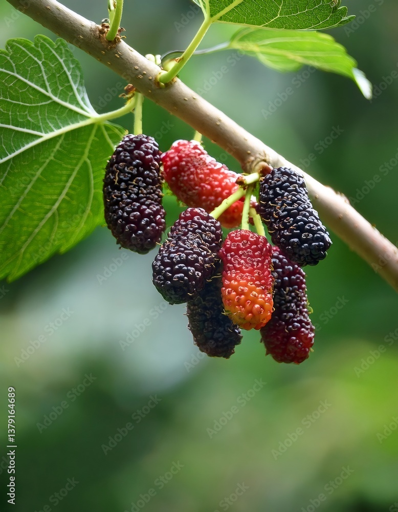 Poster ripe and unripe mulberries clustered on branch, displaying vivid colors and intricate textures of na