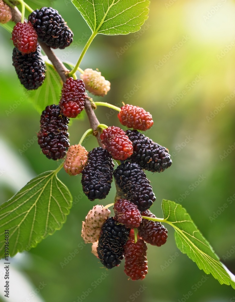 Poster ripe and unripe mulberries clustered on leafy branch, displaying color progression under soft sunlig