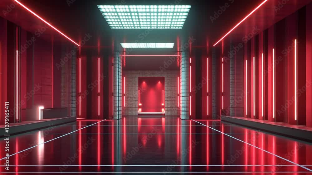 Poster futuristic red corridor with glowing lights and sleek surfaces generative ai