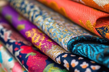 Fototapeta premium Vibrant macro shot of colorful fabric patterns featuring floral and geometric textures with high saturation textile detail