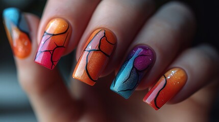 Colorful nail art featuring vibrant orange, pink, and blue designs with black outlines