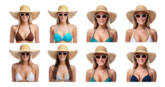 Stylish Women Wearing Sunglasses and Straw Hats in Swimwear Poses, Bundle Set Collection, Isolated on Transparent Background