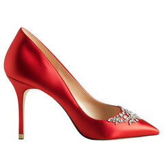 Bold Red Satin Heels with Pointed Toe Sparkling Isolated on Transparent Background