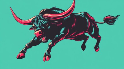 Powerful bull leaping, vibrant graphic design, art