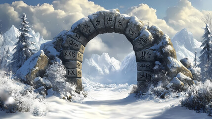 Mysterious stone archway in a snowy mountain landscape. ancient runes adorn the structure, hinting at forgotten lore. Forgotten Runes. Illustration