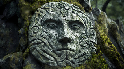 Fototapeta premium Weathered crest etched in stone, surrounded by moss and intricate faded symbols. ancient carvings tell tales of a forgotten human face. Forgotten Runes. Illustration