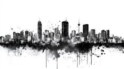 Naklejka premium Black and White Cityscape Skyline Watercolor Art Print