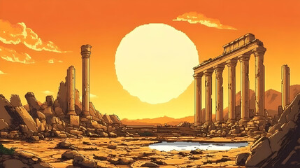 Fototapeta premium Golden Sunset Over Ancient Ruins Pixel Art Landscape with Eroded Columns and a Brilliant Sun in the Orange Sky
