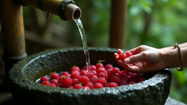 "Rainforest light examines riberries in a stone sink's liquid theater. Water reveals each crimson bell's architecture as scientist's hands study this native treasure."