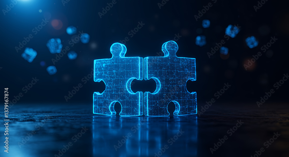Poster connected: digital puzzle pieces unite, solving tech challenges. innovation, integration, & solution