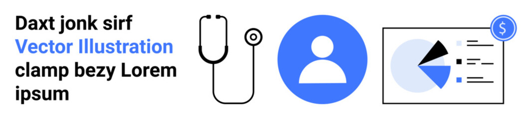 Stethoscope, user icon, and chart with financial elements convey themes of healthcare, diagnostics, user profile, data analytics, medical finance, patient care collaboration. Ideal for simple