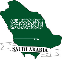 The map of Saudi Arabia overlaid with the Saudi flag and its name written on a ribbon