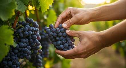 Man harvesting ripe grapes in vineyard during the sunny day. Farmer carefully inspecting grape bunches during harvest period for winemaking and local vineyard business