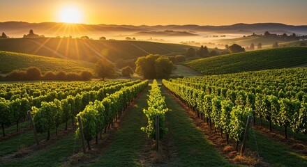 Sunrise over grape vines rows in vineyards. Golden sunlight over farmland hills with grapes orchard for winemaking business. Agribusiness greeting card backdrop