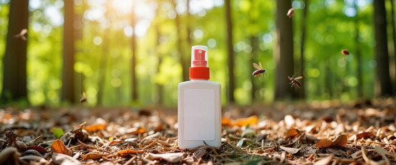 Insect repellent bottle in forest clearing during daytime, outdoor safety