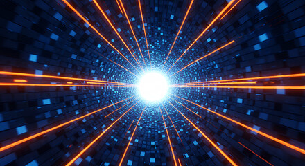 Tech Tunnel Vision: Futuristic Blue Data Stream & Fiery Orange Rays - Abstract Sci-Fi Digital Journey!