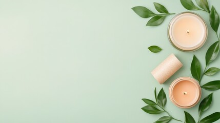 Serene arrangement of candles and greenery on a soft green background.