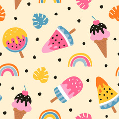 Ice cream seamless pattern. Colorful background with ice cream, rainbow, and leaves. 