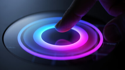 Extreme close-up of a human finger activating a circular interface with glowing blue and purple neon rings on a dark background