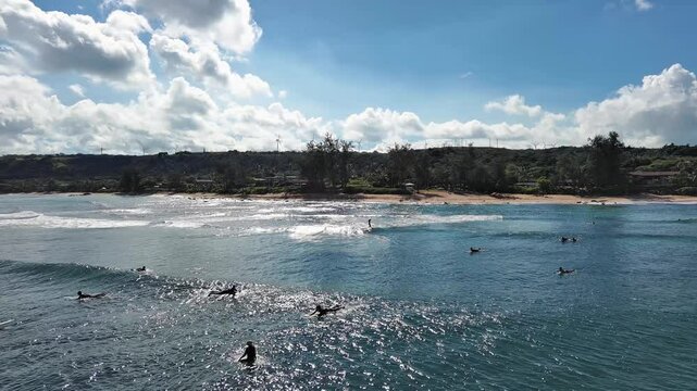 Aerial view of Chun's reef small wave surfing on North Shore of Oahu, Hawaii