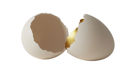 Minimalistic image of a cracked eggshell revealing a shiny golden interior, symbolising new beginnings or hidden value