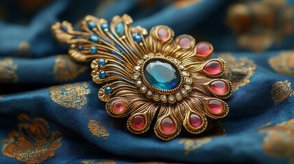 Fototapeta premium Vintage gold brooch with blue and red gemstones resting on a textured blue fabric.