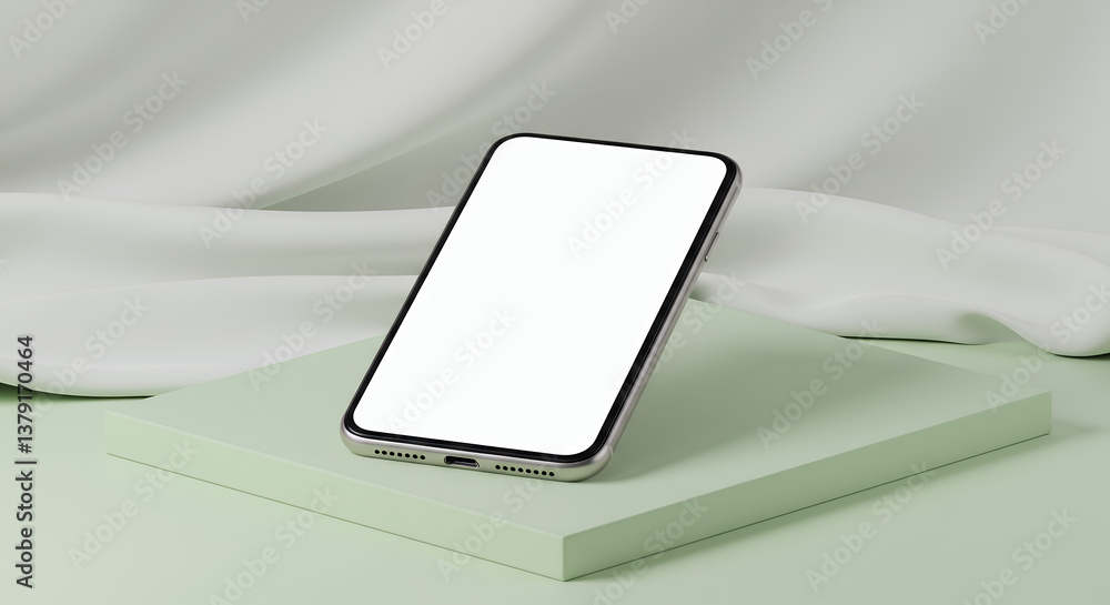 Poster sleek smartphone mockup: modern device display on green platform with minimalist white fabric backgr