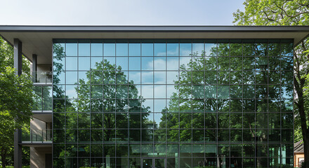 Obraz premium Modern Architecture: Green Reflections on Glass Building Facade | Urban Design & Nature Blend