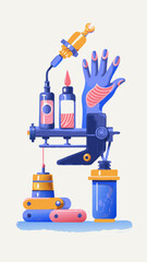 Tools for tattoo artist watercolor image. Flat style. Vector illustration.