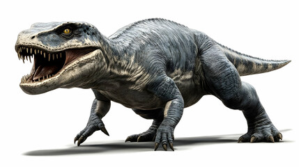 Obraz premium Large Grey Dinosaur Roaring with Sharp Teeth on White Background with Shadows Ancient Reptilian Predator Fierce Carnivore