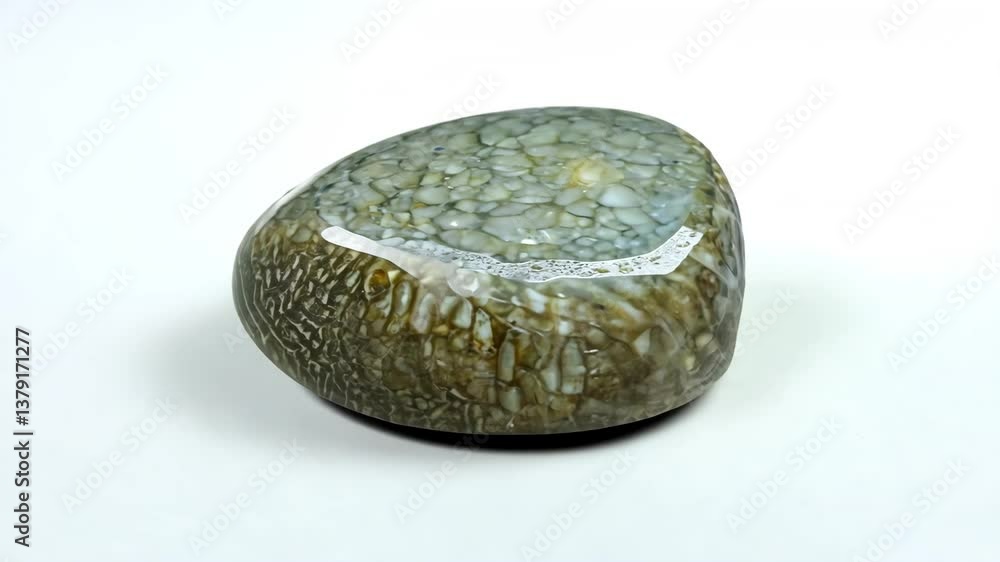 Poster a polished, oval-shaped tridacna stone with a smooth surface and intricate, web-like patterns in sha