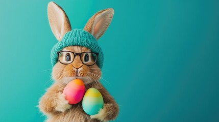 Easter bunny before a teal solid colored background with easter eggs in his hand.