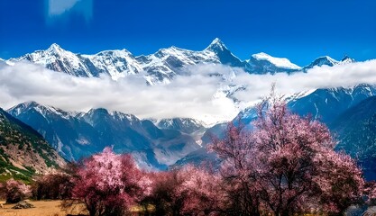 "Spring Blossoms in the Shadow of Snowy Peaks"