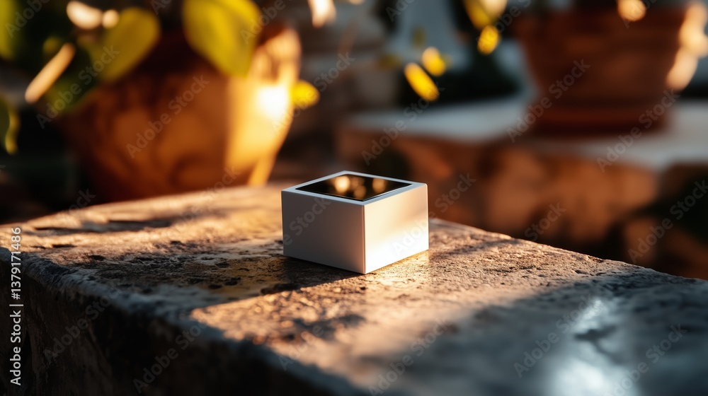 Poster small white square container illuminated by sunlight on a stone surface surrounded by plants in a wa